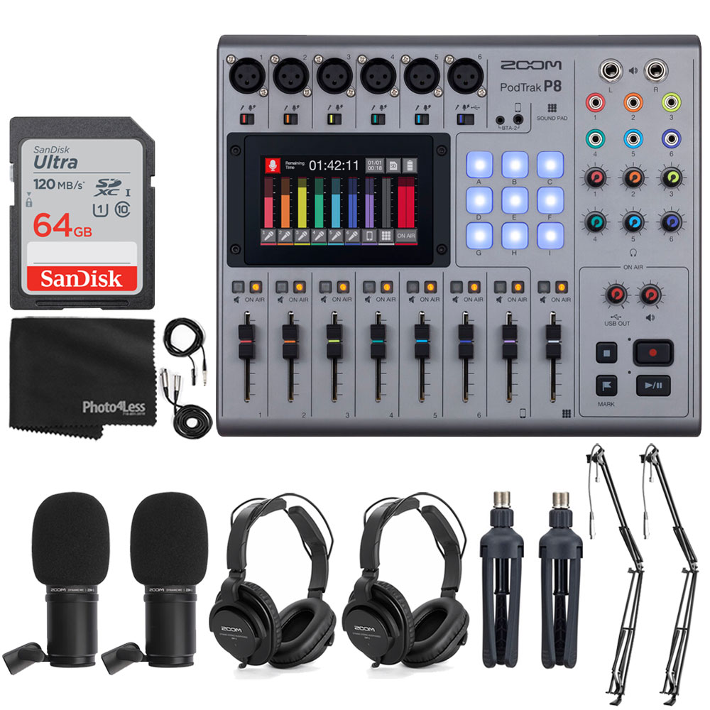 Zoom PodTrak P8 Multitrack Podcast Recorder + 2x Zoom ZDM1 Podcast Mic