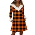 thumbnail image 2 of Women's Knit Dress Long Sleeve V-Neck Flannel Plaid Print Knee Length Dress with Pockets for Fall Casual Loungewear,Orange,2XL, 2 of 6