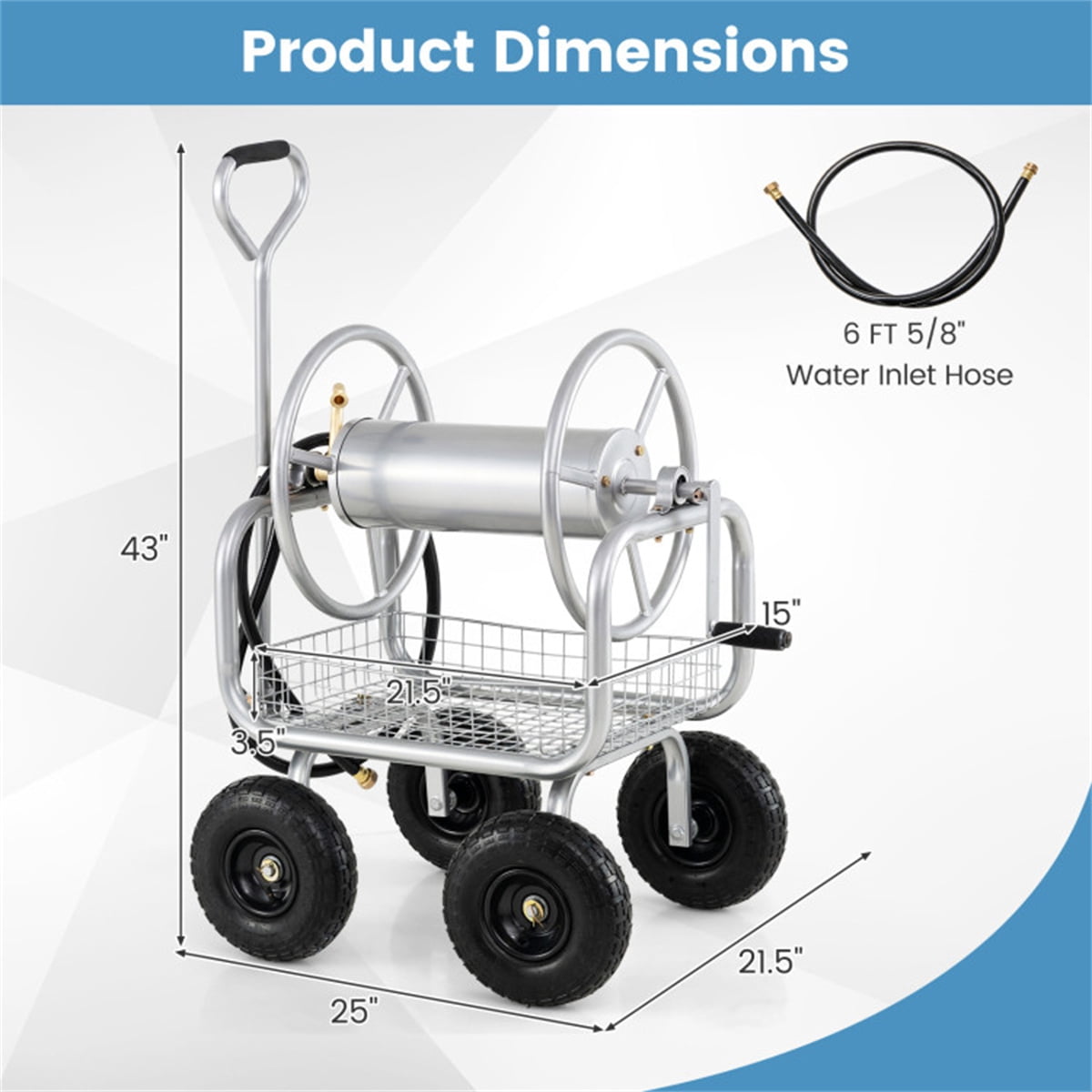 Heavy Duty Garden Hose Reel Cart with 10 Inch Pneumatic Wheels 300 FT Large Capacity Hose Winder with Storage Basket and Brass Fittings Mobile Outdoor Water Hose Holder Silver