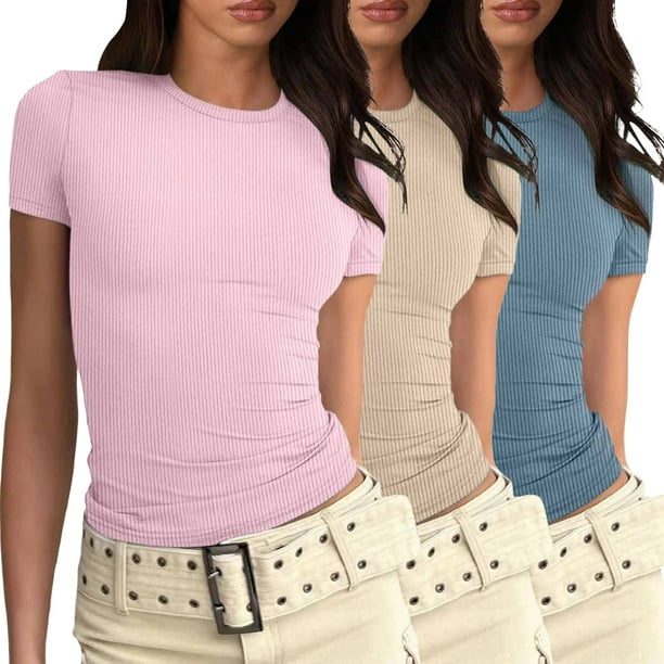 Camiseta básica de manga corta ajustada para mujer: camiseta de poliéster ajustada, top informal de verano, tallas S-XXL, estampado floral, apta para múltiples ocasiones