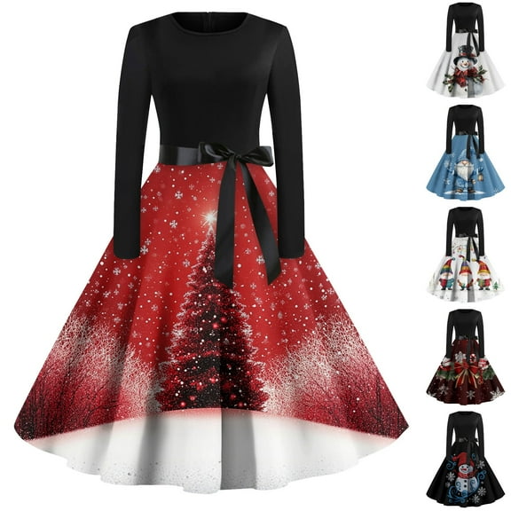 Christmas Dresses for Women Women's Casual Fashion Print Long Sleeve Dress Cutout Party Casual Round Neck Dress for Christmas Celebration,Black,L