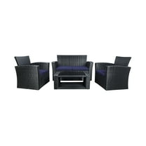 4-Piece Outdoor Patio Conversation Sofa Set with Cushions, Black/Navy Blue