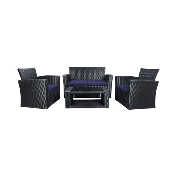 4-Piece Outdoor Patio Conversation Sofa Set with Cushions, Black/Navy Blue