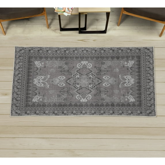 Ethnic Decorative Rug, Folkloric Tribal Ornaments and Curls with Heart Shaped Details Print, Quality Carpet for Bedroom Dorm and Living Room, 6 Sizes, Taupe Grey, by Ambesonne
