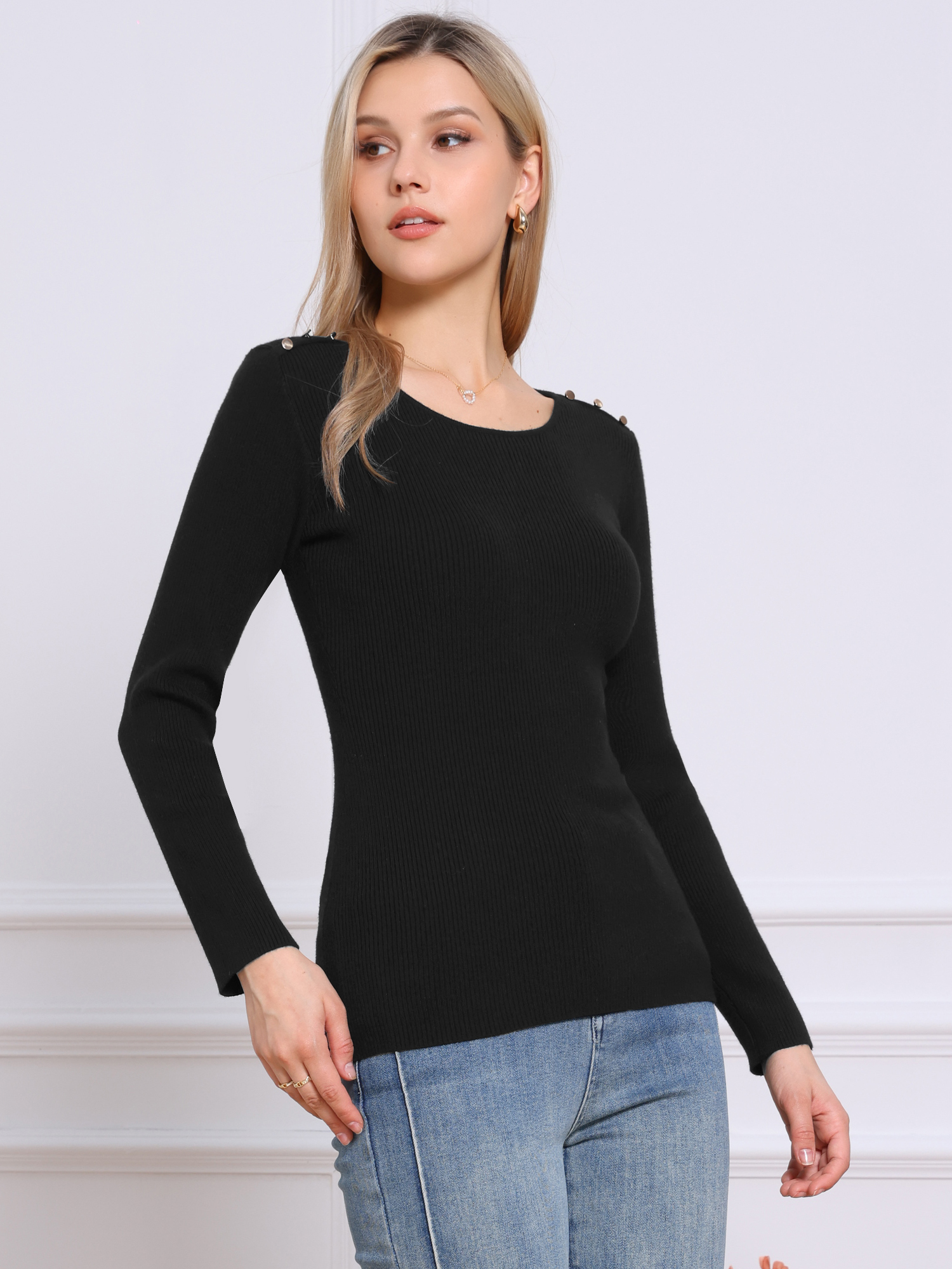 DARING DIVA Women's Long Sleeve Crewneck Fitted Pullover Sweaters XS Black