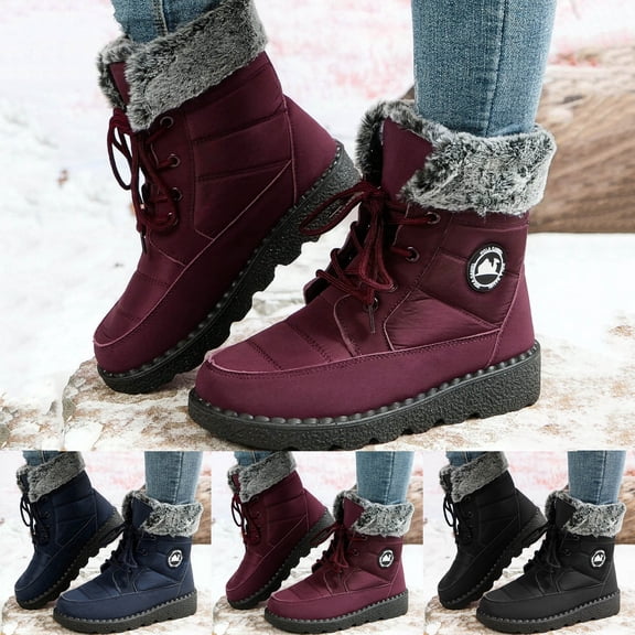 Unisex Lace Up Winter Snow Boots Comfortable Wide Width Platform Non Slip Mid Calf Hiking Boots