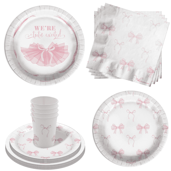 We're Tutu Excited Pink Bows Baby Shower Party Supplies - 64 Piece Ballerina Baby Shower Tableware Set Includes Large 9" Dinner Plates and 8" Dessert Paper Plates Napkins Cups - Kit for 16