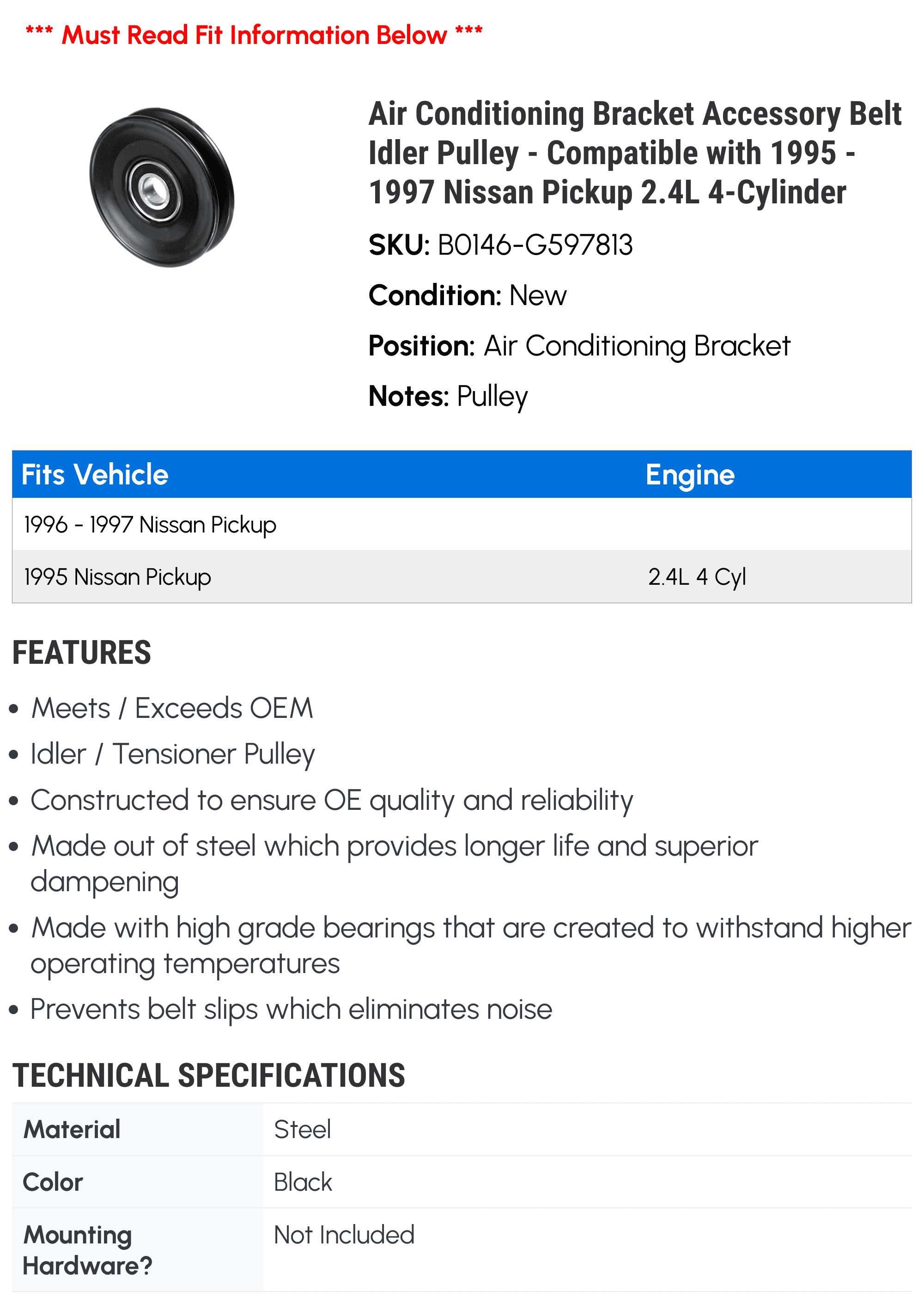 Air Conditioning Bracket Accessory Belt Idler Pulley - Compatible with 1995 - 1997 Nissan Pickup 2.4L 4-Cylinder 1996