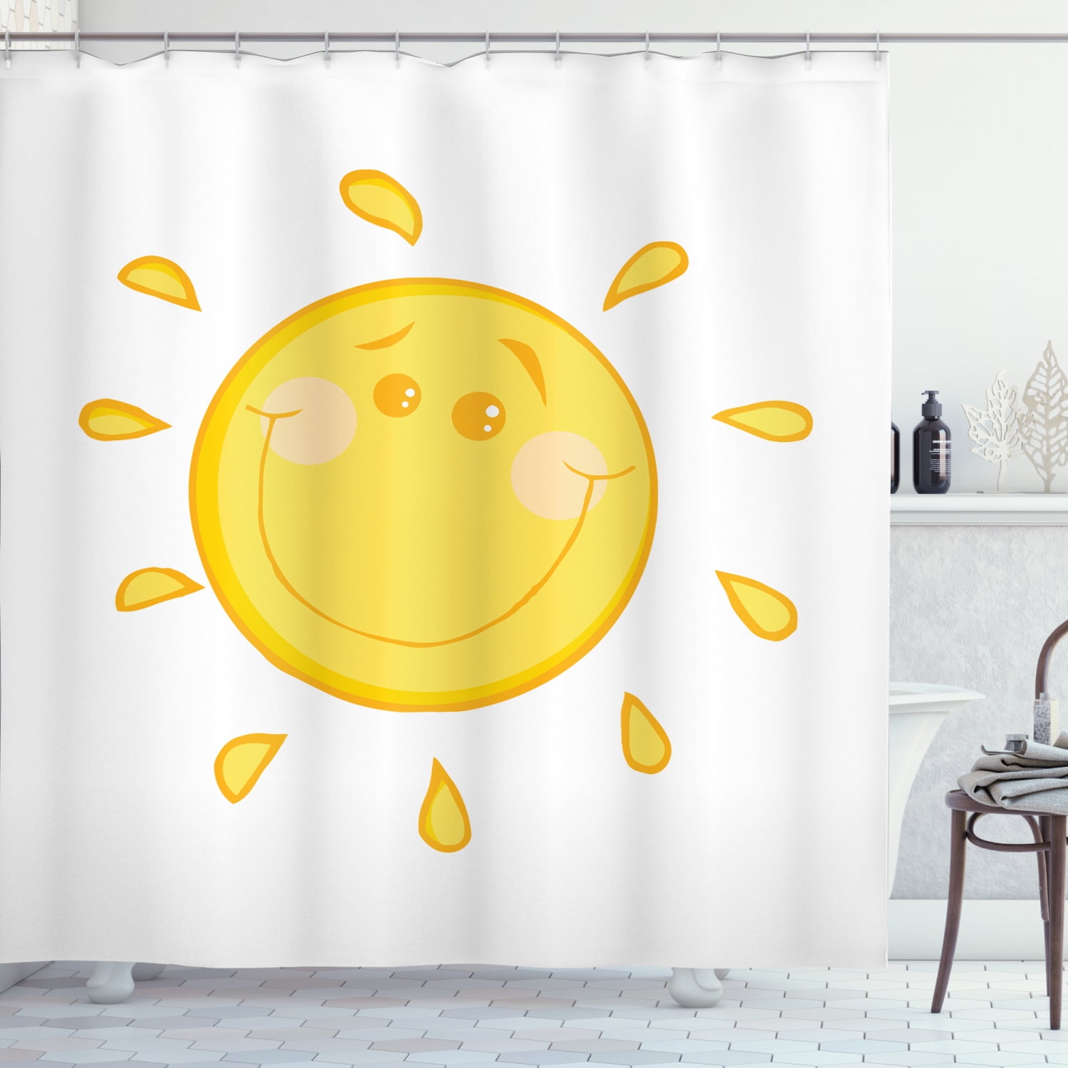Smile Shower Curtain, Illustration of a Smiling Sun Cheerful Character on a Plain Background