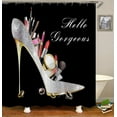 thumbnail image 3 of Juego de 4 cortinas de ducha de moda, con diseño de hortensias de color rosa intenso, lápiz labial brillante, maquillaje, cosméticos, decoración de baño, cortina de ducha de tela negra impermeable,, 3 of 7