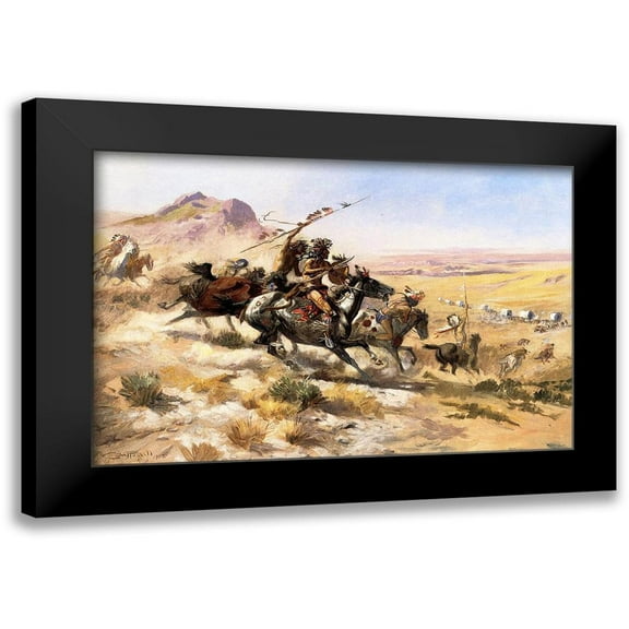 Russell, Charles Marion 14x11 Black Modern Framed Museum Art Print Titled - Attack on a Wagon Train