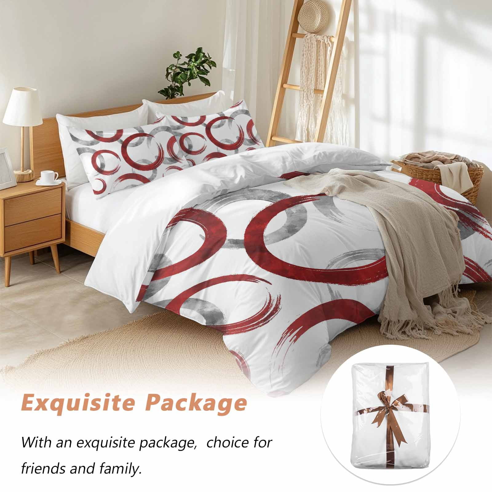 Red Grey Bedding 3 Piece Duvet Cover Set Queen Size, Geometric Circle Modern Abstract Simple Art Soft Microfiber Comforter Cover with Zipper Closure & Pillowcases, Wrinkle & FadeResistant Quilt Cover