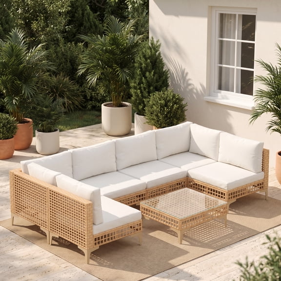 VOXBIN 7 Pieces Wicker Outdoor Patio Conversation Set, Outdoor Furniture Sectional Sofa with Cushions for Garden,Yellow