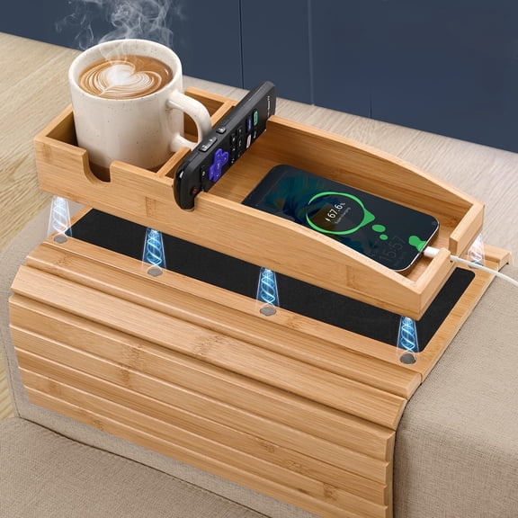 Couch Cup Holder, 3-in-1 Magnetic Detachable Couch Arm Tray, Bamboo Sofa Armrest Table with Anti-Slip Pad, Sofa Armrest Tray Table (Natural)