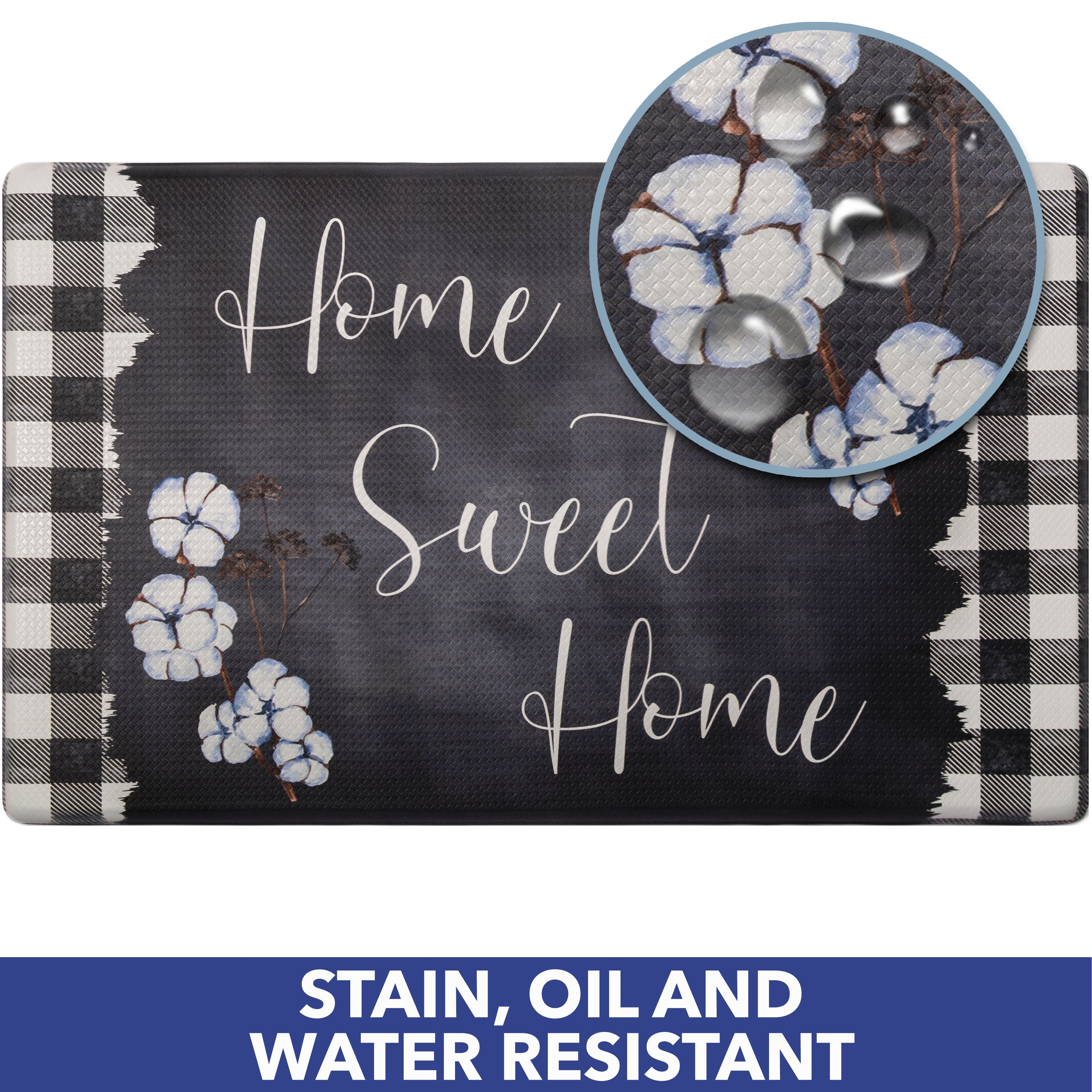 SoHome Cozy Living Home Sweet Home Buffalo Check Border Anti-Fatigue Kitchen Mat, Black/White, 20"x36"