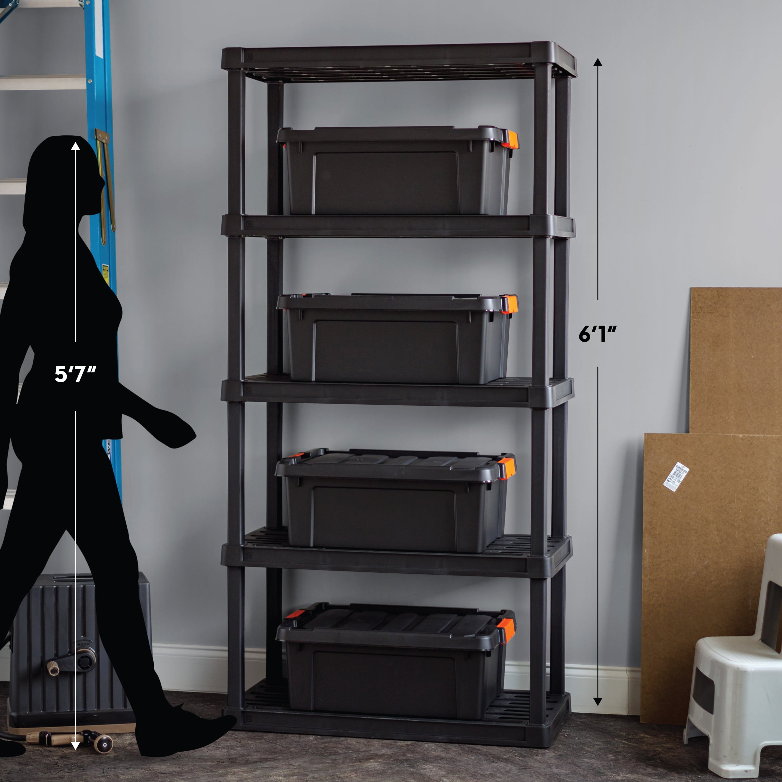 IRIS 5-Tier Plastic Storage Shelves, 73" H x 17" W x 35" D, 500 Lb Total Capacity, Black