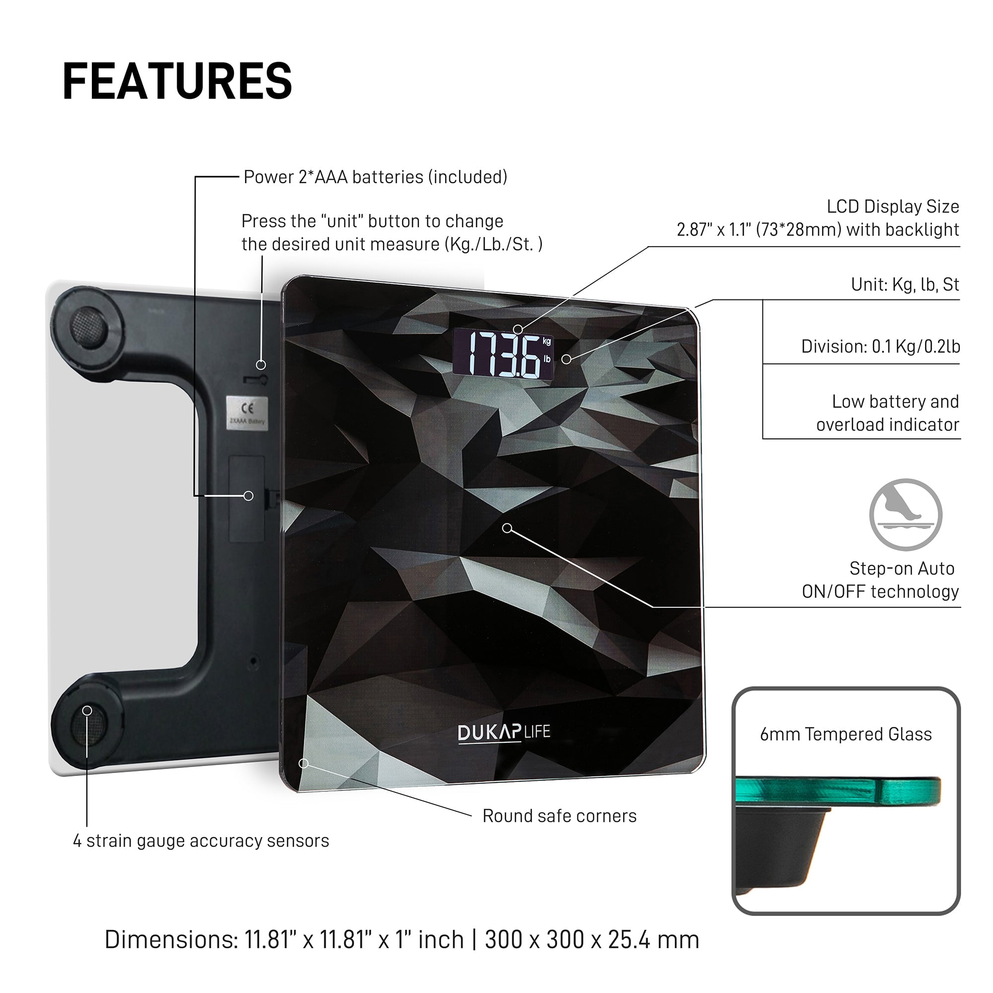 DUKAP LIFE Unique Digital Bathroom Body Weight Scale with LCD Screen Display - Black Design