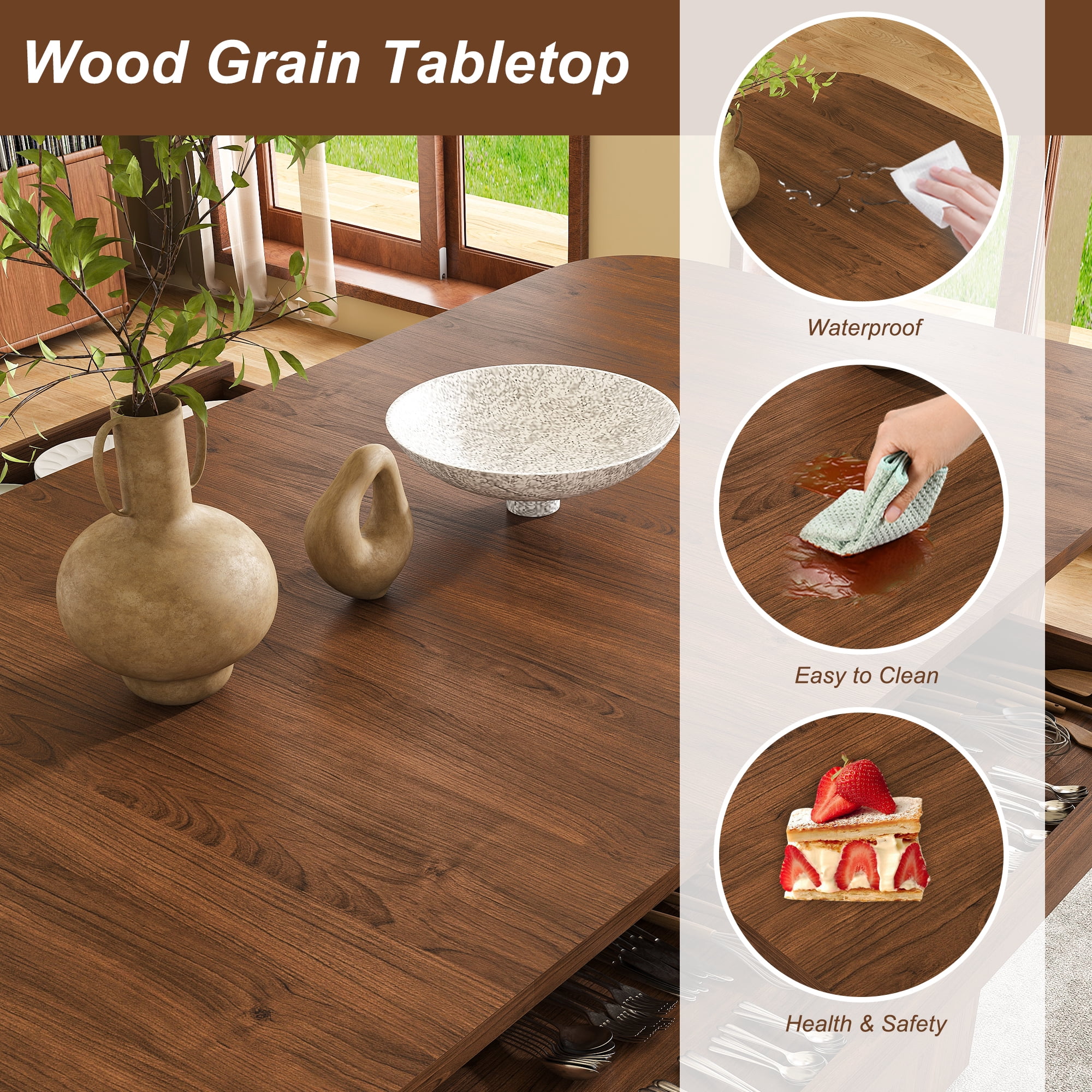 70.87in Dining Table with Drawers & Open Storage, for 4-6 People, MDF Walnut Finish, 3-Panel Wood Look Tabletop Modern Kitchen Table for Dining Room