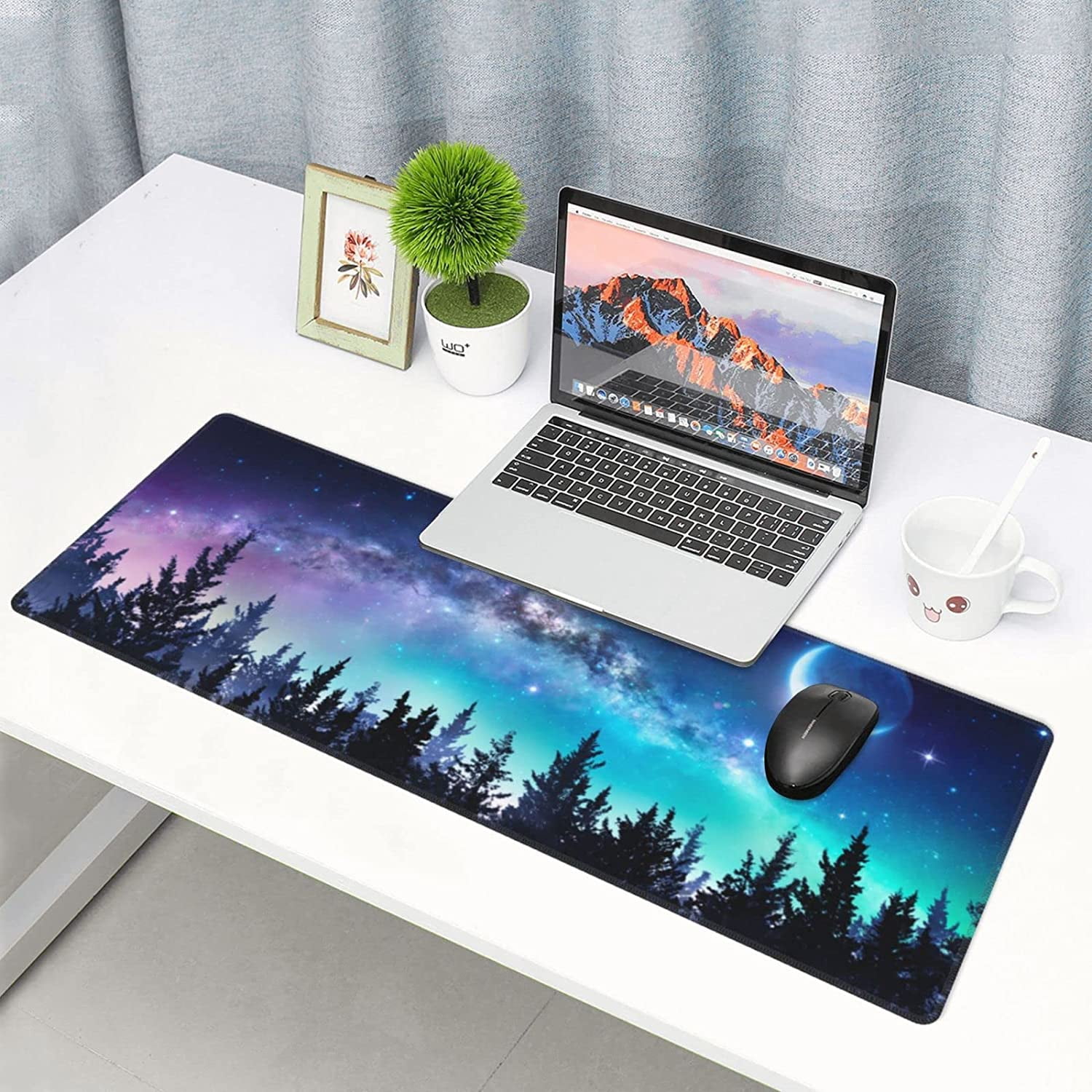 Galaxy XL Large Gaming Mouse Pad, Full Desk Mousepad with Milky Way and Moon in Night Forest, Extended Big Computer Mat for Desk, Non Slip Long Deskpad for Men Office (Blue, 31.5*11.8 in)