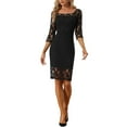 thumbnail image 1 of INSPIRE CHIC Robe en Dentelle à Manches 3/4 pour Femmes Col Carré Midi Droite Fatiguée TP Noir, 1 of 6
