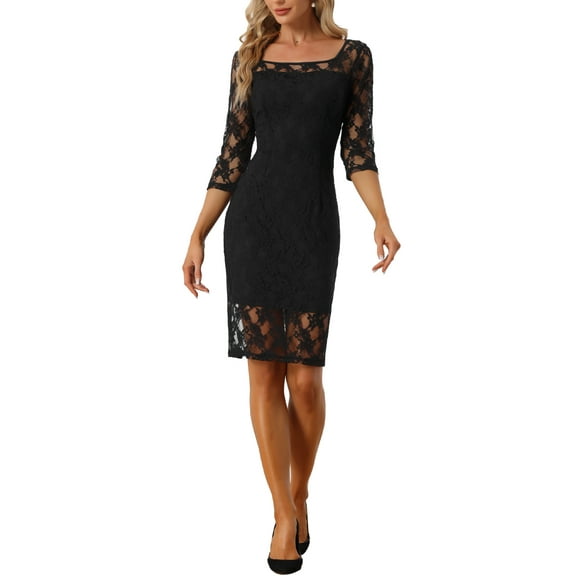 INSPIRE CHIC Lace 3/4 Sleeve Dress for Women Square Neck Midi Straight Tired S Black
