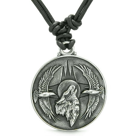 Eagle Glass Pendant - Amulet Howling Wolf Eagles Wild Moon Powers Charm Leather Pendant Necklace