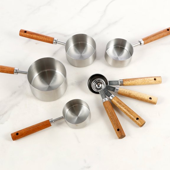 8 Pcs Measuring Cups and Spoons Set Stainless Steel Measuring Set with Wood Handles Stackable Measuring Spoons Set Precision Measuring Cup Set for Home Kitchen Cooking Baking