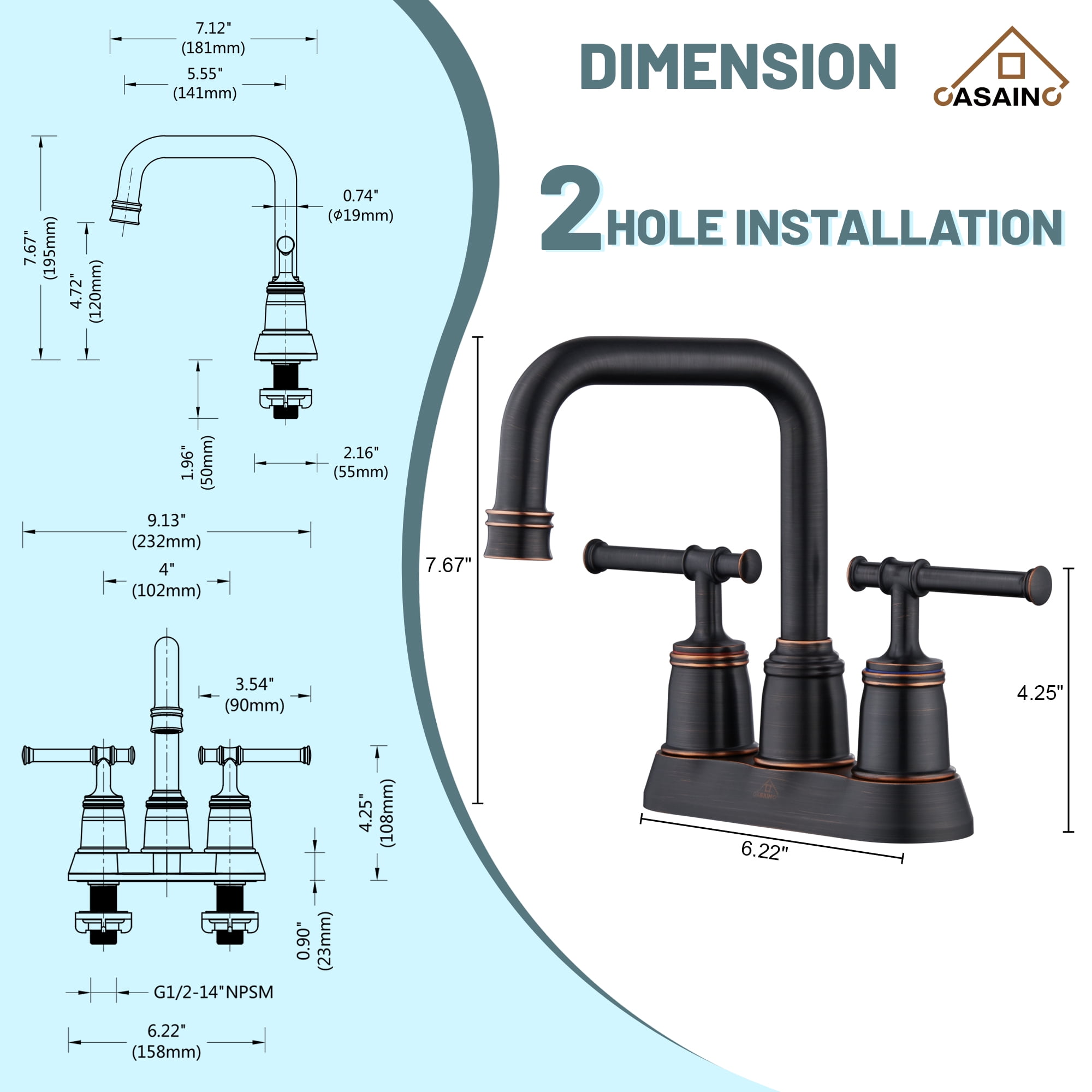 CASAINC 4 in. Centerset Double Handle Bathroom Sink Faucet Lavatory Faucet with Stainless steel Drain in Oil Rubbed Bronze