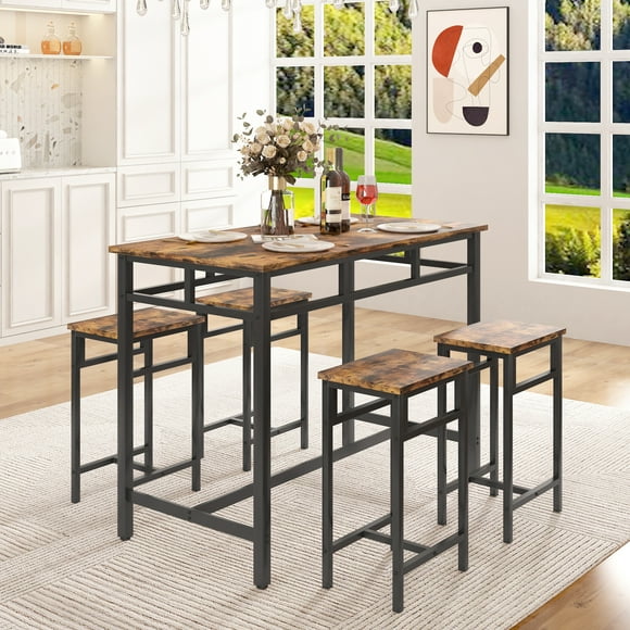 5 Piece Bar Table Set, Kitchen Counter Height Table with 4 Stools, Space Saving, for 4 Persons with Metal Frame, Wood Dining Table & Chair Set for Breakfast Nook Pub Bistro, B957