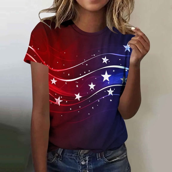 4th of July Patriotic T-Shirts Women American Flag Print Casual Short Sleeve Tee Tops