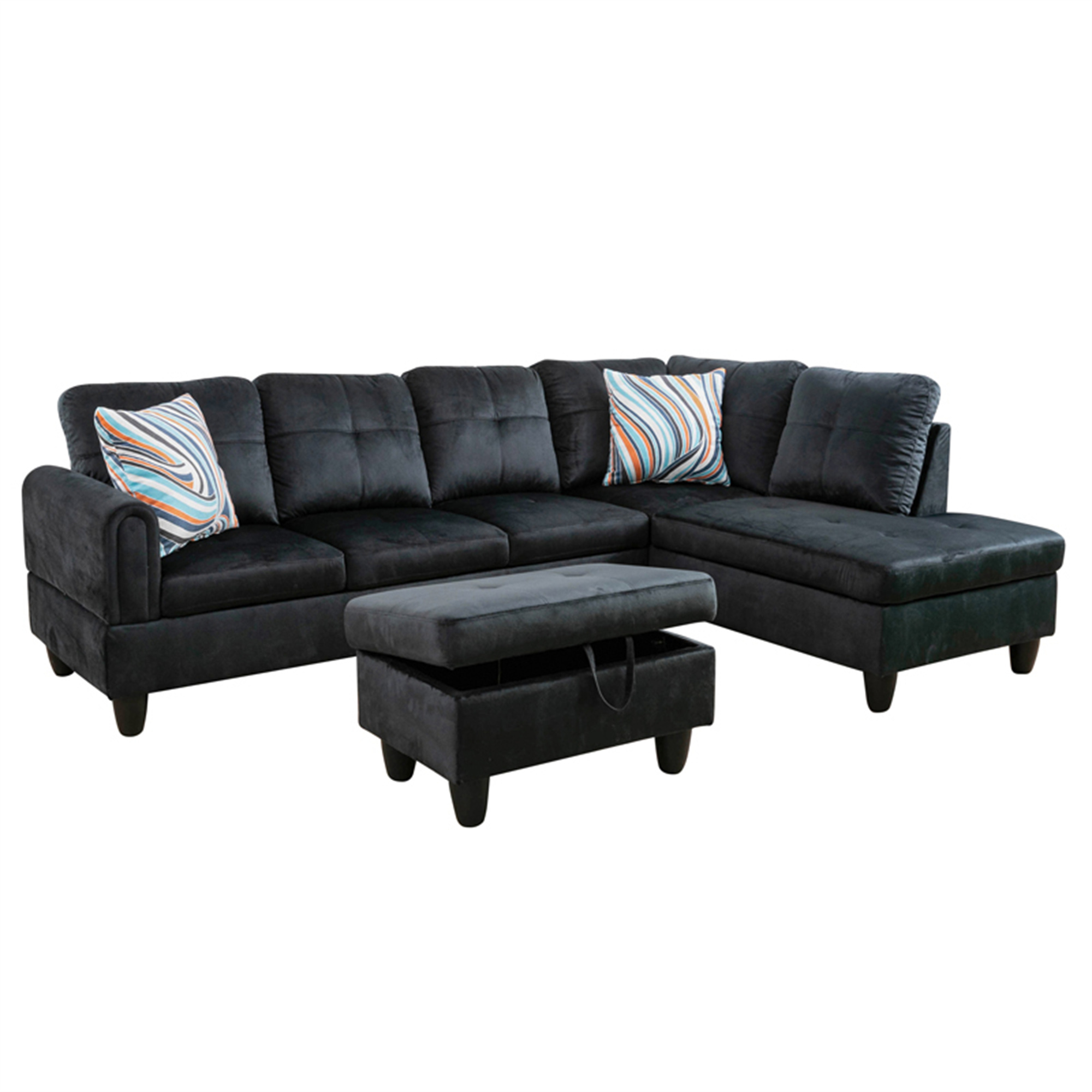 Aukfa 3 Piece Sectional Sofa with Storage Ottoman for Living Room, L Shape Couch, Right Hand, Black