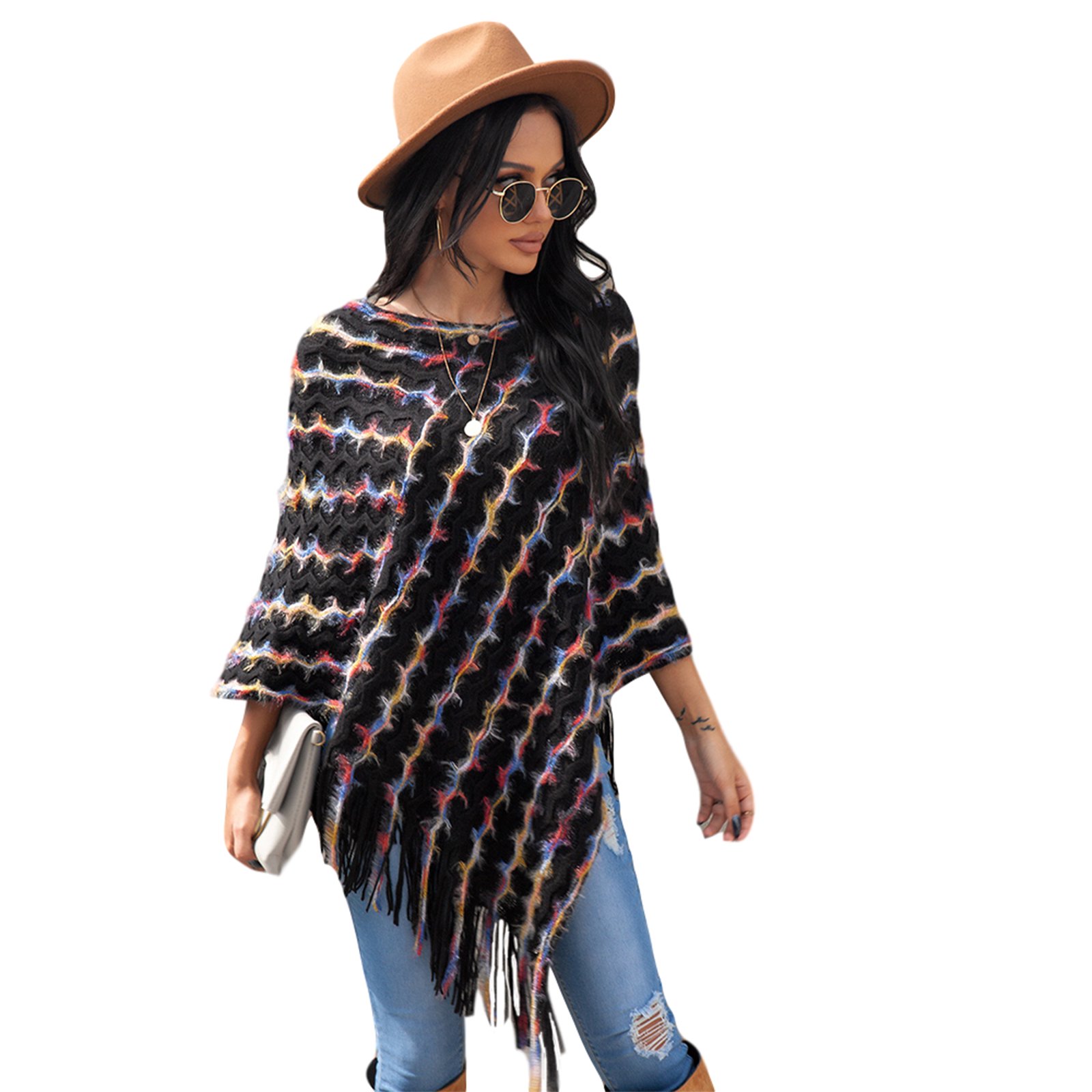 Woman's Sexy Loose Shawl Cloak Tassel Pullover Sweater, V-neck