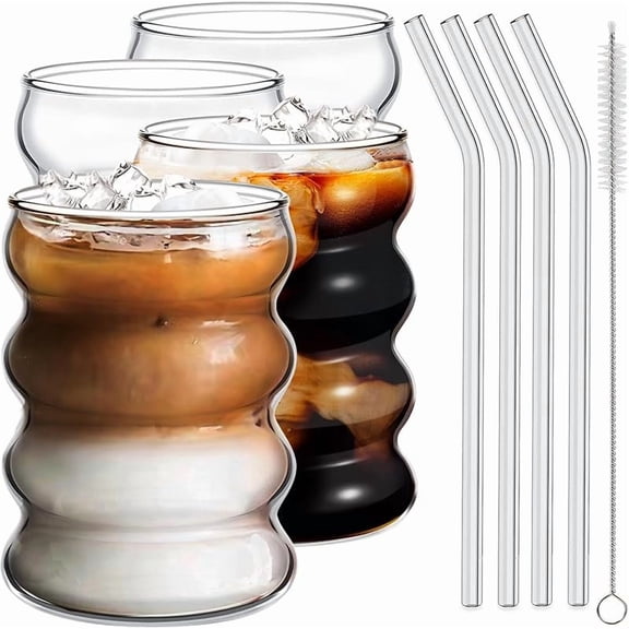 XUET 4 Pcs Drinking Glasses with Glass Straw 14oz Glassware Set,Cocktail Glasses,Iced Coffee Glasses,Beer Glasses,Ideal for Water,Soda,Tea,Gift - with Cleaning Brushe