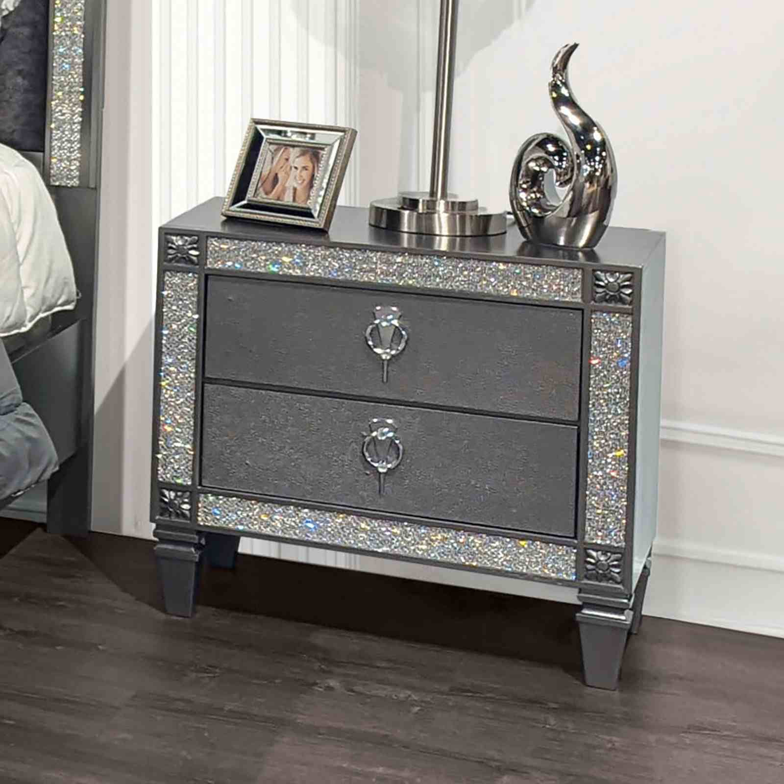 Glam Gray Nightstand with 2 Drawers, Nickel Ring Pulls, Tapered Legs, Acrylic Trim, Chic Bedroom Furniture