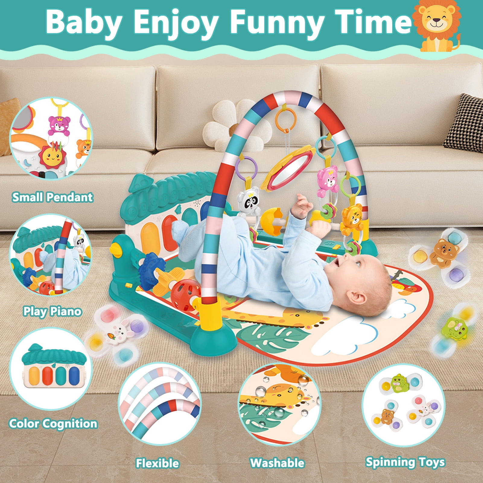 Sunforu Musical Gym & Activity Mat, 5-in-1 Piano Play Mat , Play Gym Padded Mat Gift for Kid