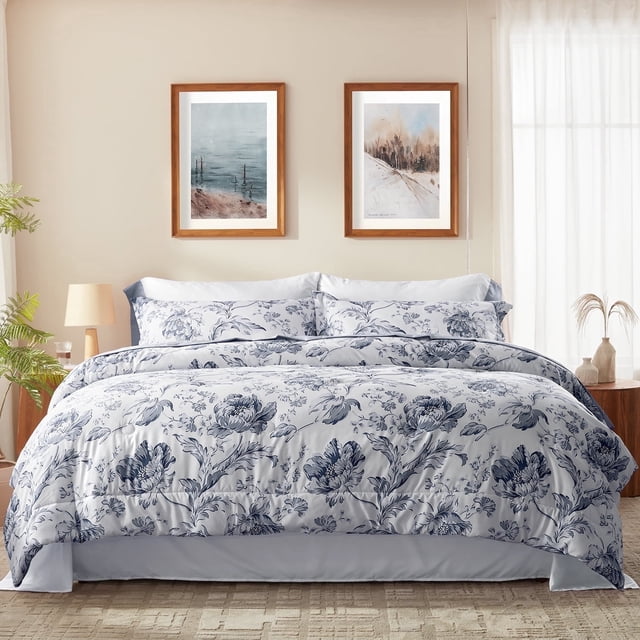 Bedtreat King Comforter Sets,7-Pieces Reversible Bedding Sets,Bed in a Bag with Comforter,Flat Sheet and Fitted Sheet,Pillowcases & Shams,Lisse,Blue Mirage