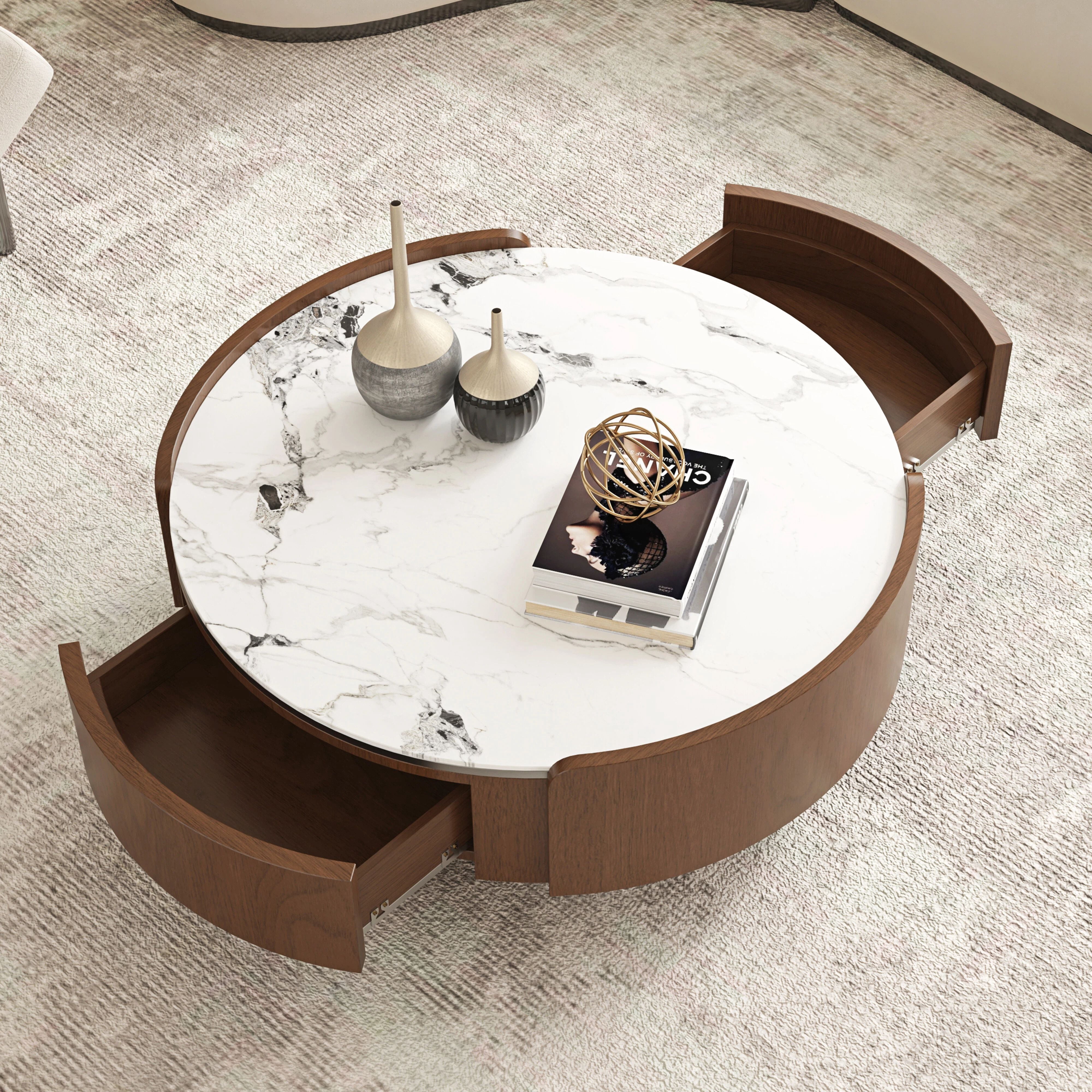 Euroco 35.43" Round Coffee Table with 2 Storage Drawers, Mid-Century Modern Wood Cocktail Table for Living Room,Bedroom Home Office,Walnut