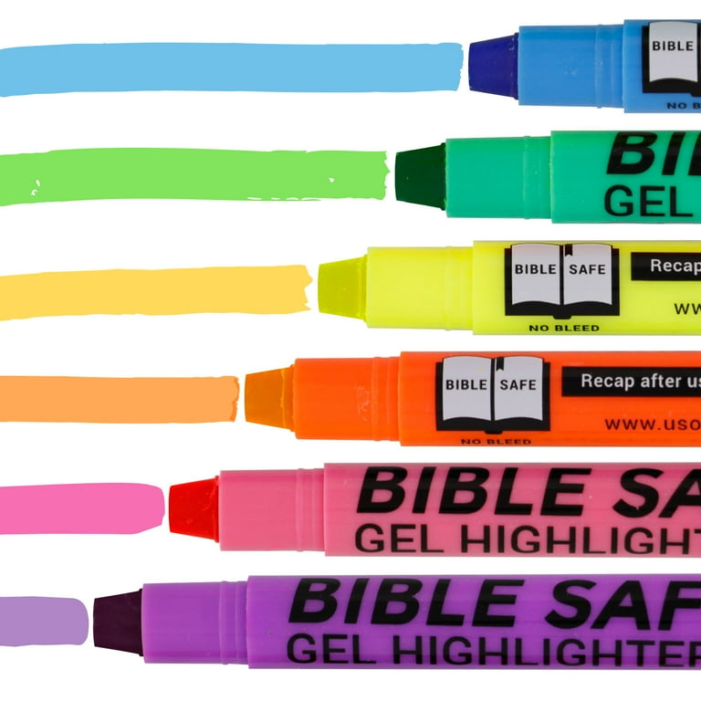 U.S. Office Supply Bible Safe Gel Highlighters, 6 Pack Set - 6 Different  Bright Neon Fluorescent Highlight Colors Yellow, Orange, Pink, Purple,  Green, Blue - Won't Bleed, Fade or Smear - Study Guide 