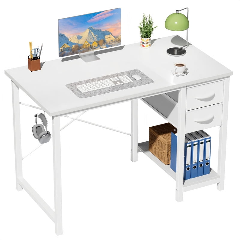 Kelno 40 Inch Computer Desk with 2 Fabric Drawers Home Office Work Table with Side Hook Adjustable Storage Shelf, White