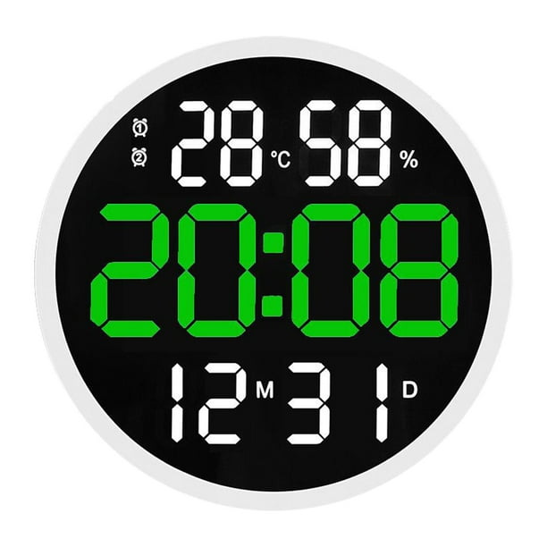 Reloj de pared digital de 12 pulgadas con pantalla grande, calendario, mes y fecha. Blanco verde