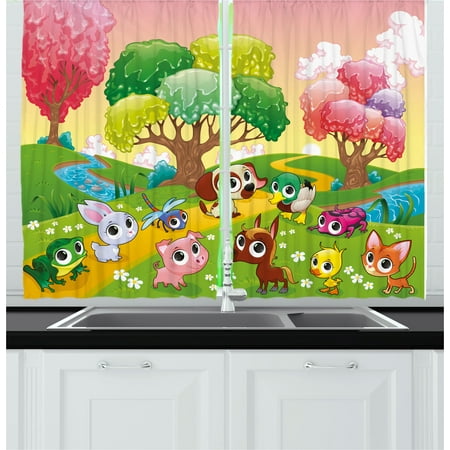 Where To Buy Nice Curtains Cartoon Curtains 2 Panels Set, Kids Nursery Theme Animals in the Forest with Nice Flowers Illustration Artwork, Window Drapes for Living Room Bedroom, 55W X 39L Inches, Multicolor, by Ambesonne ()