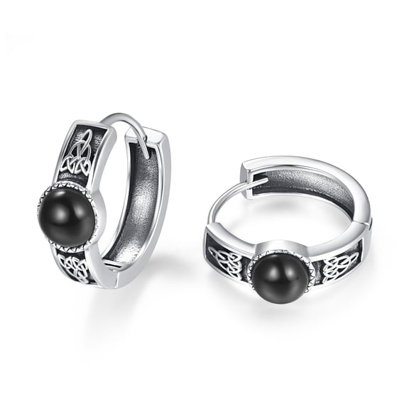 S925 Sterling Silver Celtic Trinity Knot Huggie Hoop Earrings for Men, Vintage Natural Black Onyx Small Hoop Earrings, Hypoallergenic Punk Rock Gothic Biker Jewelry Gifts for Boyfriend Husband