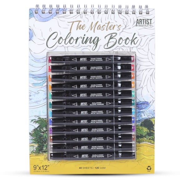 Artist Concepts Coloring Book with 12 Dual-Ended Alcohol Markers for Coloring, Black
