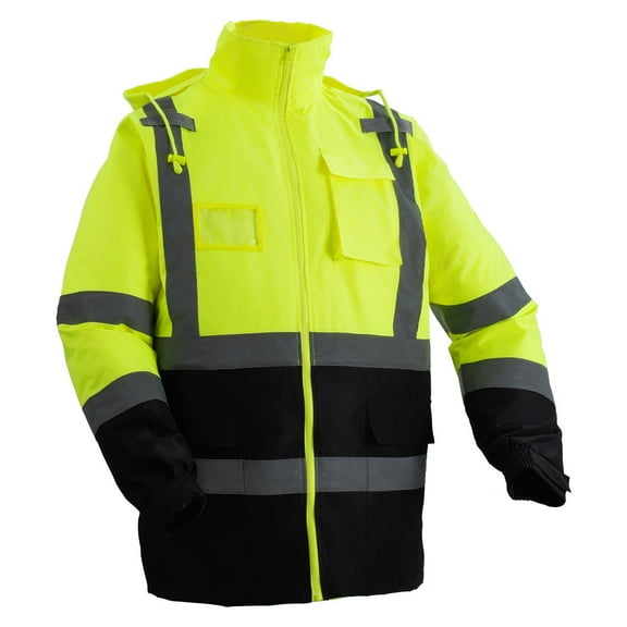 High Visibility Reflective Safety Jacket Waterproof Hoodie Yellow with Black, ANSI/ISEA 107-2020 Class 3, 300D Oxford Polyester, Breathable Mesh Lining, Adjustable Cuffs & Hidden Hood