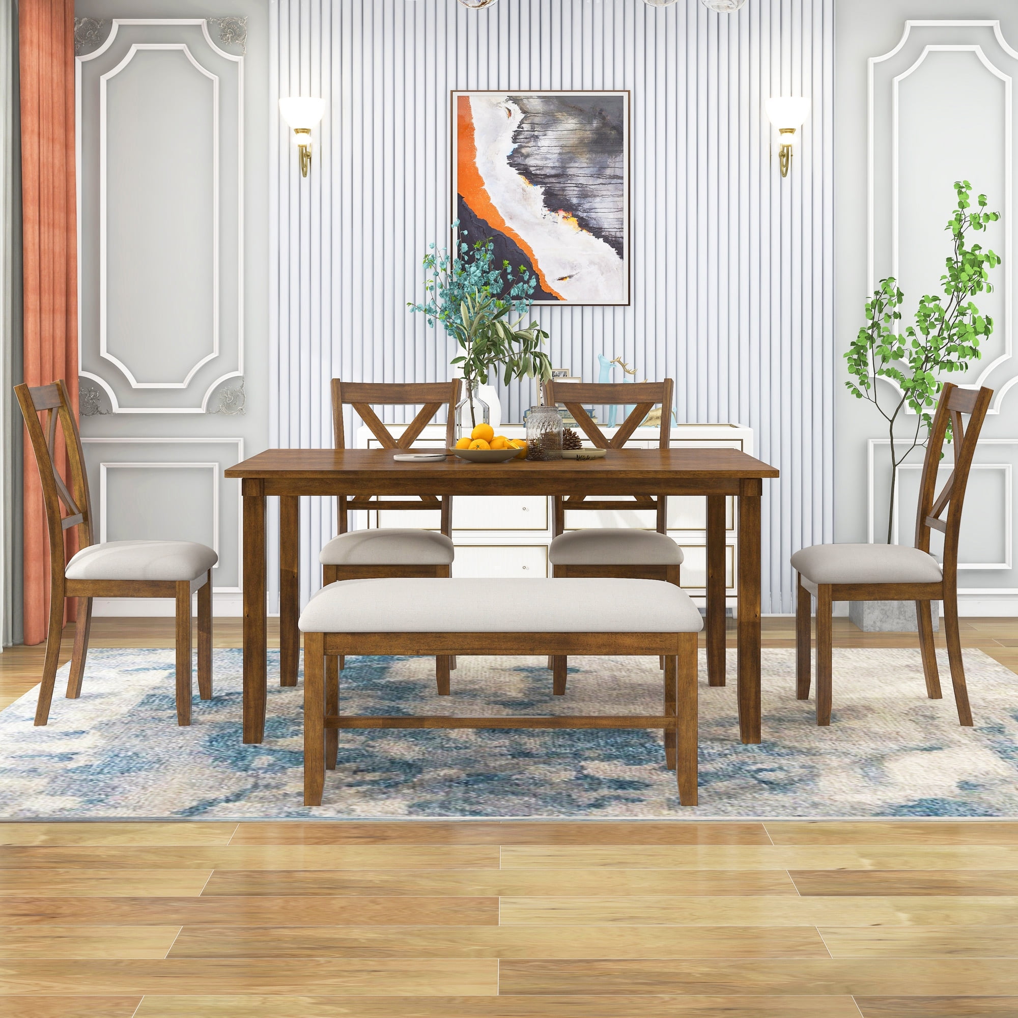 Howcool 6-Piece Kitchen Dining Set, Rectangular Wood Table, 4 Fabric Chairs & Bench, Natural Cherry