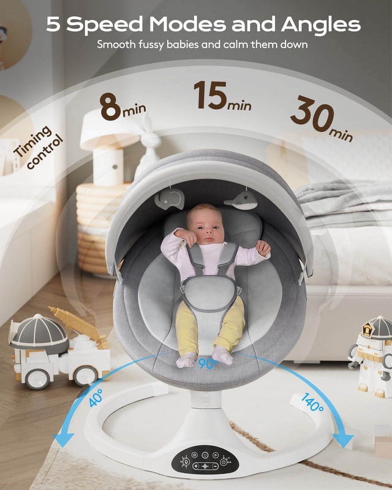 Babyomi Baby Swing for Infants, Bluetooth Control, 5 Speed Settings, 10 Nursery Rhyme, 0-12Months, Gray