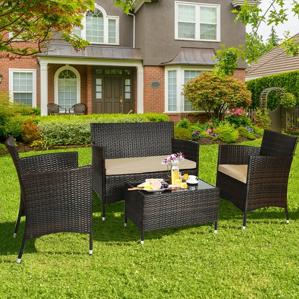 Costway 4PCS Rattan Patio Furniture Set Cushioned Sofa Chair Coffee