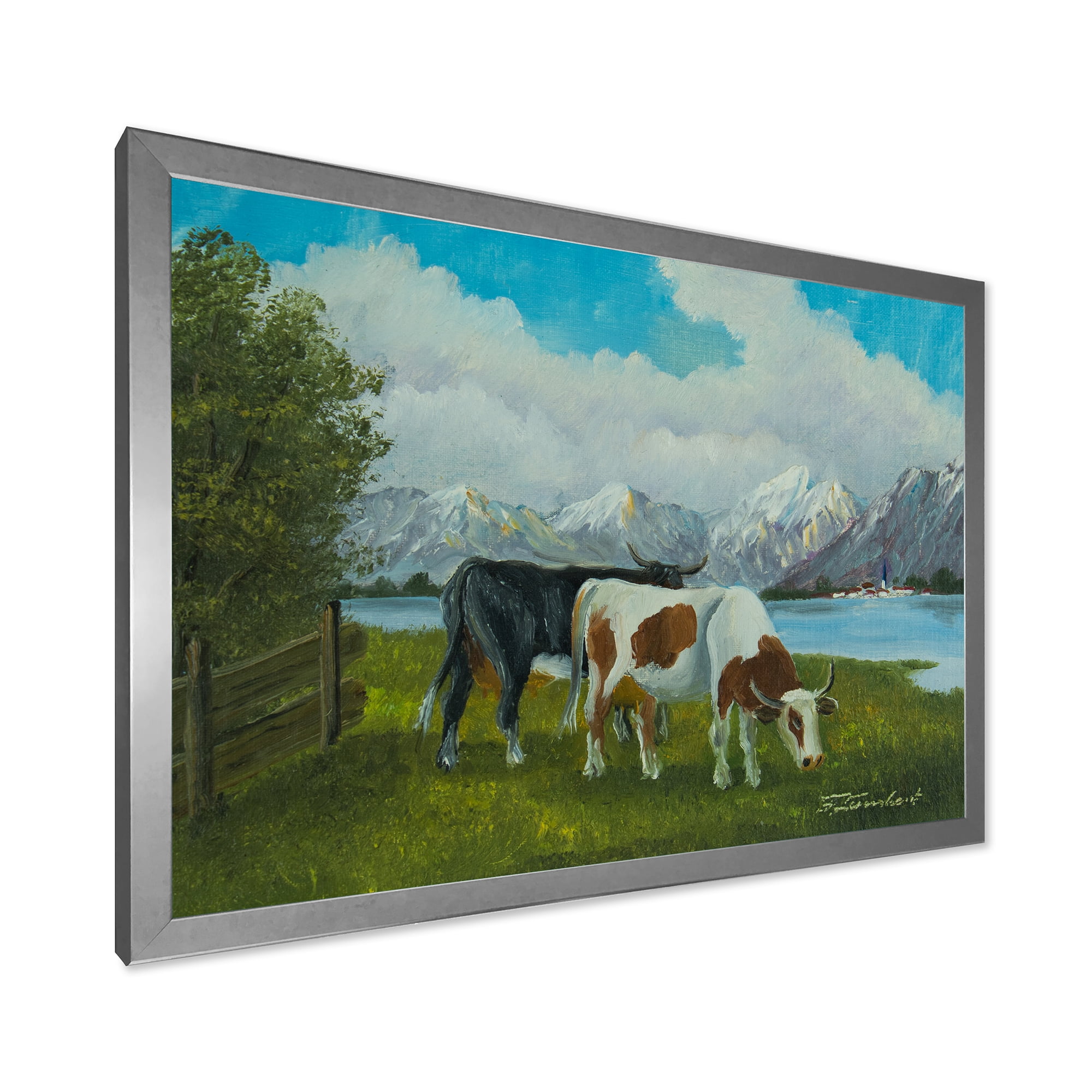 Designart 'Cows Eating Grass In Front Of A Lake' Farmhouse Framed Art Print