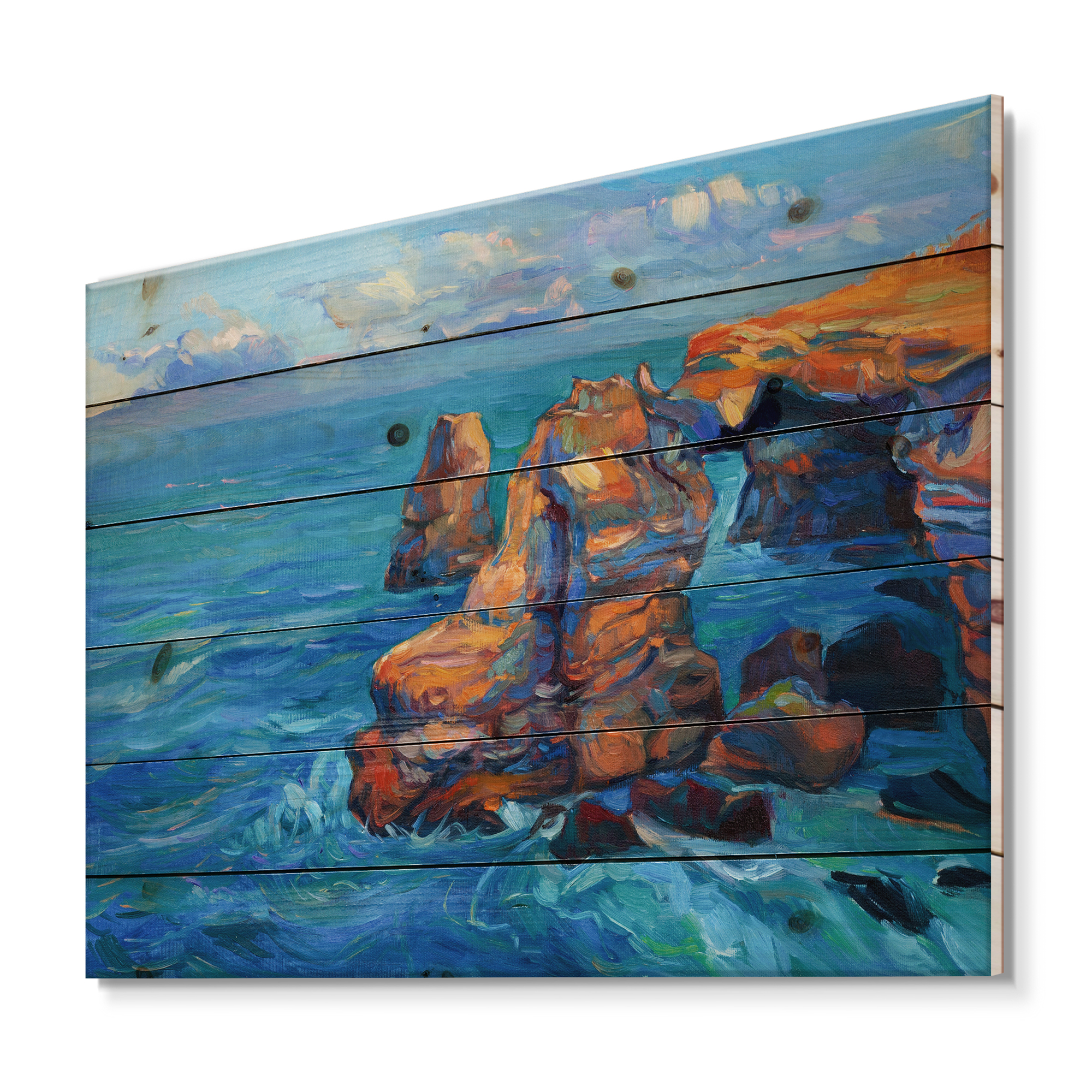 Designart 'The Blue Ocean By Rocky Cliffs' Nautical & Coastal Print on Natural Pine Wood