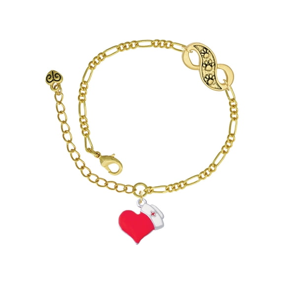 Delight Jewelry Silvertone Red Heart with Nurse Hat Gold-tone Paw Infinity Link Chain Bracelet, 6" 2" Extender